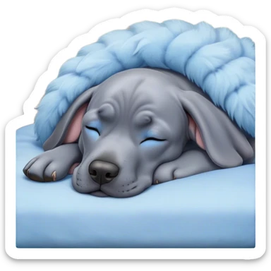 Meme-Worthy Cute Sleeping Blue Great Dane Portrait Emoji, Head resting peacefully with a contented smile, showcasing a delightfully massive build and a luxuriously soft blue Fur, eyes shut in a serene nap, Simplified yet hilariously adorable features, highly detailed, glowing with a soft, drowsy light, high shine, relaxed and utterly lovable, stylized with an air of playful laziness, bright and heartwarming, soft glowing outline, capturing the essence of a comically sleepy guardian, so meme-worthy it feels like it could instantly become the next viral sensation of adorable slumber! sticker