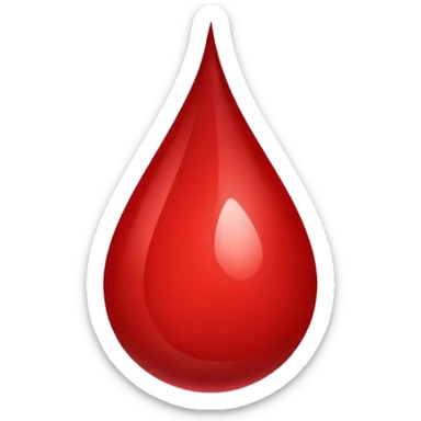 An emoji of a blood drop, symbolizing a single drop of blood. The drop is smooth, glossy, and red, with a slightly reflective surface, representing injury, medical themes, or blood donation sticker