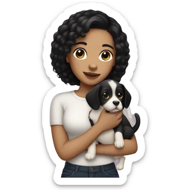 Light skin girl with black hair holding a puppy sticker