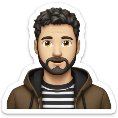 White Man with dark hair and beard, black and white striped hoodie sticker