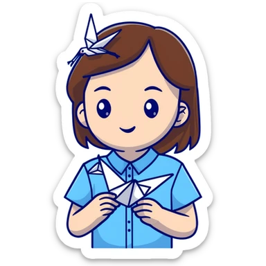 A happy Ukrainian young girl with brown hair in a white embroidered shirt holds an origami blue crane sticker