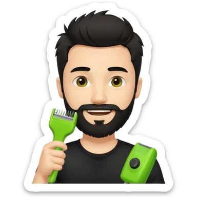 young handsome fair-skinned man with messy black hair and beard, smiling, wearing a black t-shirt, holding a single small true-to-size lime green face beard trimmer in one hand sticker