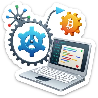 An icon featuring a colorful lines of code, brackets, and a blinking cursor, symbolizing programming. The design includes flowcharts, gear icons, and binary code, representing software development and logical problem-solving. Transparent background highlights the world of coding. sticker