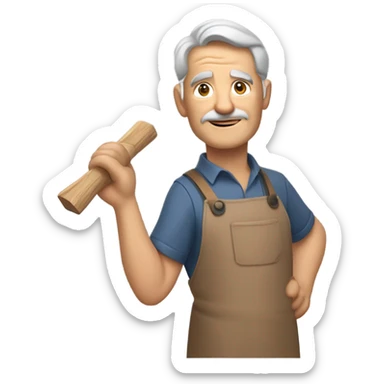 "A older man with rough hands, short light brown hair, and a friendly, naive expression. He wears a work apron over simple clothes and holds a hammer or wood in a rustic workshop." sticker