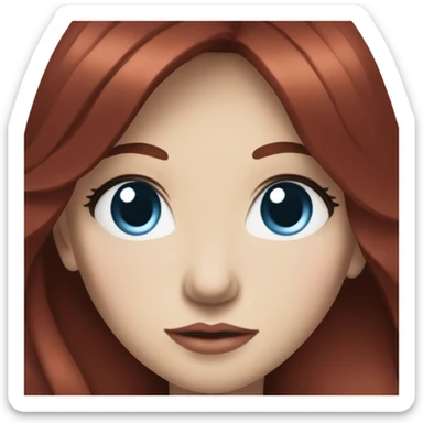 woman with pale skin, blue eyes and long dark red hair with layers and bangs, wearing a white top and silver jewellery sticker