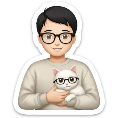 A happy boy wearing a sweatshirt, black hair and glasses holding a white cat sticker