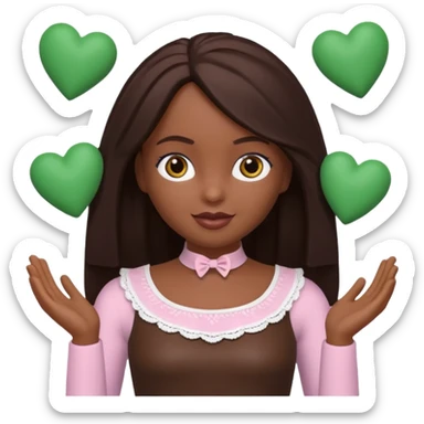 Boneca digital em estilo 3D realista e fofo, semelhante a uma boneca colecionável. Mulher jovem com pele negra, olhos castanhos escuros, cabelo liso cor chocolate, longo e bem alinhado.  sticker