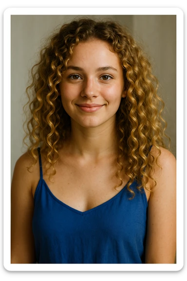 A girl with golden curly hair, brown eyes, wearing a blue camisole dress, friendly expression, upper body focus sticker