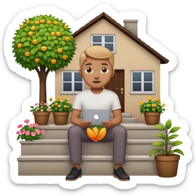 a home which has garden like and the home has slack emoji, where on the house steps, a blob chratcter holding black mac should sit and should look like wiork sticker