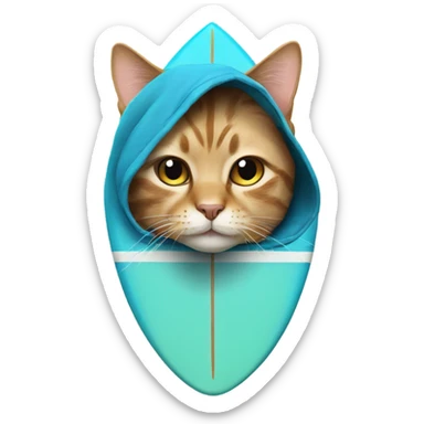 cat wearing a hoodie on a surfboard  sticker