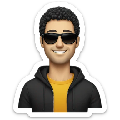 Caucasian man, no smile, with black curly hair and slight beard wearing black hoodie and sunglasses  sticker