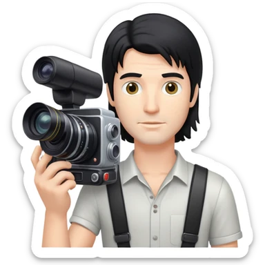 a white man with black mullet hair holding a foto camera sticker