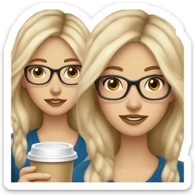 Blonde balayage long hair white women beige sweater blue eyes and small glasses holding coffee sticker