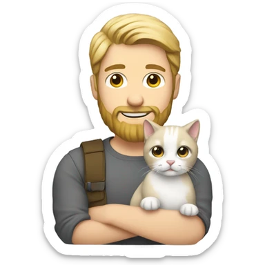 blonde bearded guy holding a gray/white cat sticker