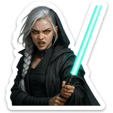  a closeup portrait of young woman with gold yellow eyes, white hair, long braid, black off-shoulder top, punk gothic style, futuristic cyberwave cyberpunk,  jedi attire and posture robes of a padawan, foreweilding a bright blue-green lightsaber, angry fierce face expression, power stance, 30-90 sticker