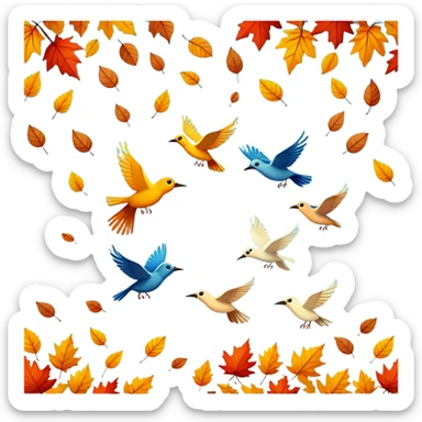 birds flying away in autumn with colorful fall leaves, simple and expressive sticker