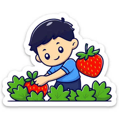 Boy picking strawberries  sticker