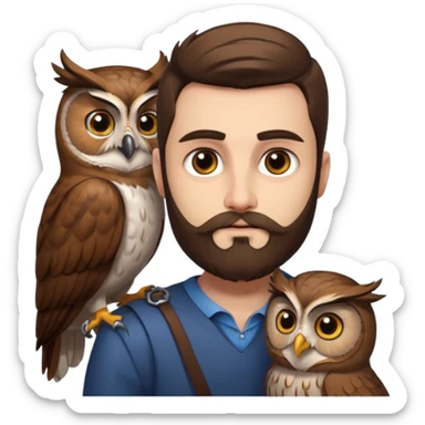 portrait man long brown hair brown eyes medium beard white skin with owl perched on shoulder sticker