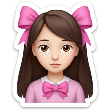 cute girl with dark long straight brown hair with pink bow in hair on te side sticker
