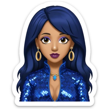 Cardi B with long jet black hair, indigo sequin outfit sticker