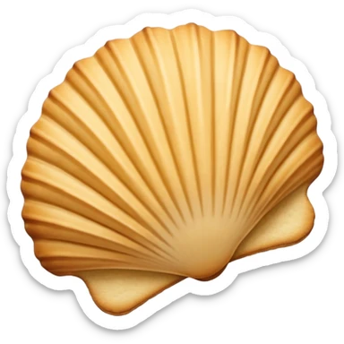 A madeleine pastry. Scalloped seashell shape with four to five vertical lines going in the same direction. Light golden brown. Scalloped edge. Cookie. Flat. sticker
