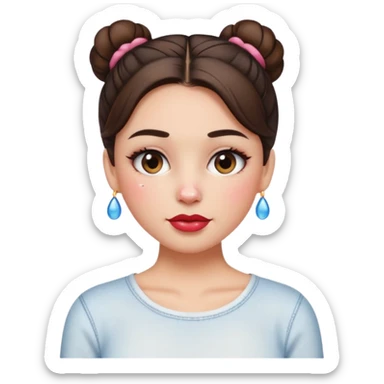 “Emoji brunette girl hair in bun white top, dewy skin, heavy blush across cheeks and nose bridge, glossy cherry lips, soft eyeliner, teary sparkling eyes like hanni from new jeans sticker