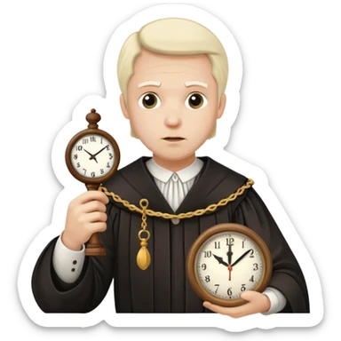 a 1600s judge with a hurried expression holding a clock that is UNFAIR sticker