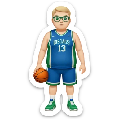 full body chubby tall white male basketball wearing glasses in blue an green uniform sticker