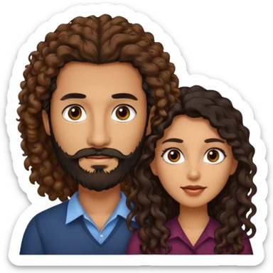 pareja de Mujer morena rizada cabello largo castaño ojos oscuros y hombre piel clara cabello negro con barba  y ojos marron sticker