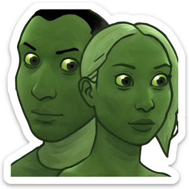white woman with blue eyes and blonde curly hair standing next to a black man with brown eyes and short black curly hair sticker