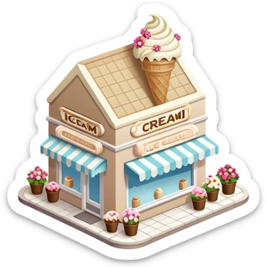 isometric exterior view of a beige and white ice cream shop adorned with abundant florals sticker