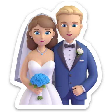 portrait of a bride with light brown hair and grey-blue eyes, and a groom with blonde hair, blue eyes, wearing a brown suit sticker