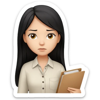 a light tan woman with long black hair past mid-back, round brown eyes, white button up v shirt, and manila folder in her hands. sticker