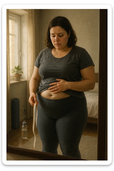A realistic, cinematic illustration of a woman in her early 30s with a slightly rounded body shape, standing in front of a mirror in a softly lit bedroom, looking at her reflection with a thoughtful, slightly discouraged expression. She is wearing comfortable home workout clothes, holding a tape measure in one hand loosely, while her other hand gently touches her belly area, showing her frustration with slow weight loss progress. The room is cozy, with natural light filtering in, a yoga mat rolled up in the corner, a water bottle, and a small plant on the windowsill. The scene captures the emotional struggle and quiet determination of a woman facing difficulties in losing weight despite her efforts, with warmth and dignity. sticker