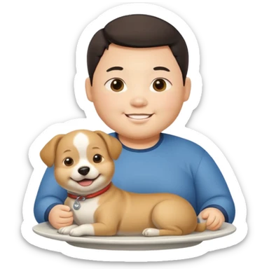 A fat Chinese boy with a dog sitting on his plate  sticker