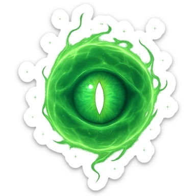 a glowing green energy orb with a prominent eye in the center, magical and mysterious sticker