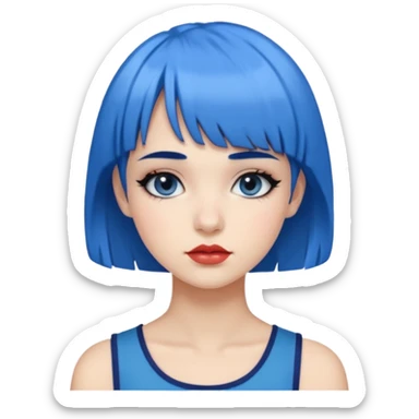 girl with blue hair and short bangs having blue eyeshadow black big eyelashes and natural lips sticker