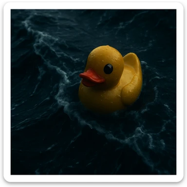 Cinematic still, Extreme Closeup shot of Yellow duck toy on ocean during storm, Camera from top, inspired by interstellar sticker