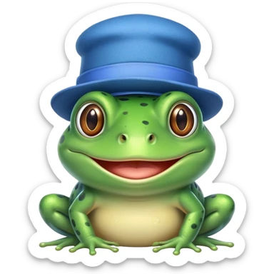 frog blinking and smiling while wearing a blue hat sticker