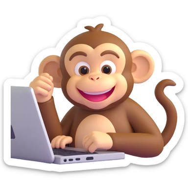 playful monkey at a computer, grinning sticker