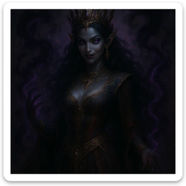 a beautiful but evil jinn queen, dark magical energy, ornate crown, sly smile, luxurious attire, fantasy illustration sticker