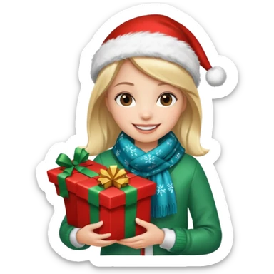 a girl wearing a chirstmas jacket and scarf and holding a christmas gift sticker