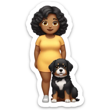 chubby girl with black wavy hairs holding dog sticker