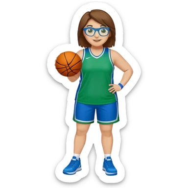 Full Body plus size white female basketball player with short medium brown hair with carmel highlights spike hair wearing blue glasses 
 wide nose wearing blue green uniform  green sneakers smiling  sticker