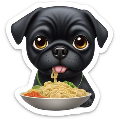 Black pug eating Chinese food sticker
