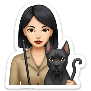 Stylish woman with long black hair and a black Cane Corso dog with cropped ears sticker