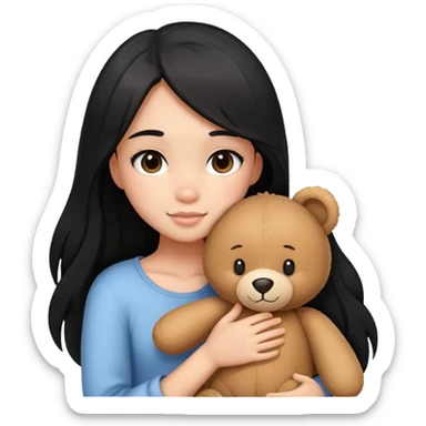 black-long hair girl hugs a teddy bear sticker