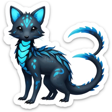 Rare realistic dark black with glowing blue bioluminescent edgy badass epic pretty beautiful handsome gorgeous aesthetic colorful vibrant Vernid-Trico-species-Fakemon-creature by LiLaiRa, 4 legs, 1 tail, random markings, (full body) sticker