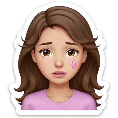 girl with wavy long brown hair, brown eyes, light to medium complexion, long lashes, light pink lipstick, wearing light pink shirt, weeping with big tears sticker