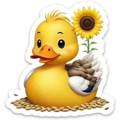 a happy duck with a pile of sunflower seeds sticker